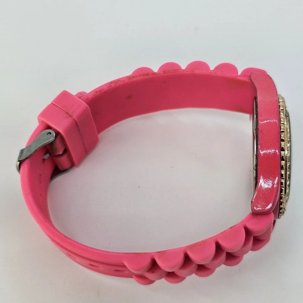 40MM Women's Watch Pink Dial Crystal Bezel Pink Plastic Band Straps‎ New Battery